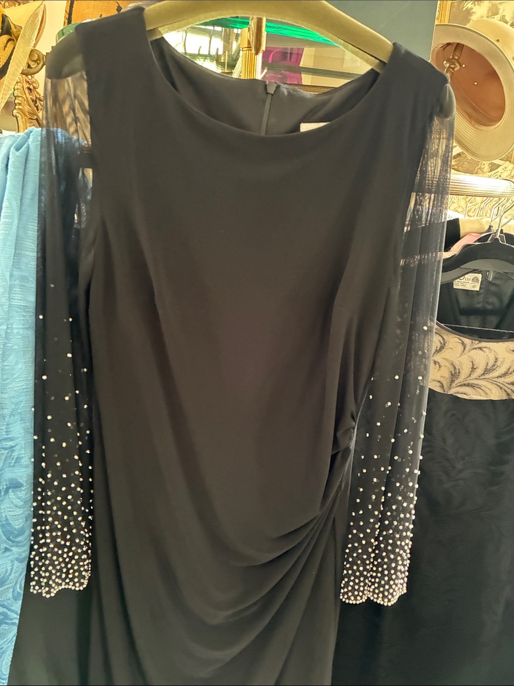 Elegant Joseph Ribkoff Evening Dress with Sheer Beaded Sleeves